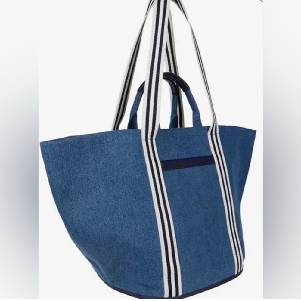 Draper James Large Denim Tote Bag with Striped Handles